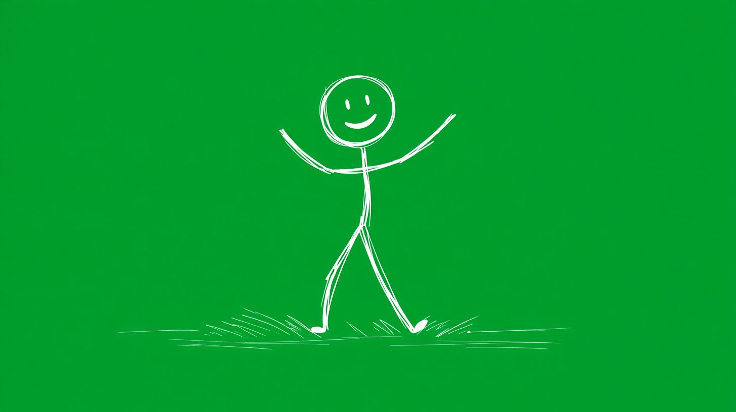 Generate a happy stick figure with a green background, a large head, eyes and mouth as lines, and long thin limbs made of white lines conveying a healing atmosphere