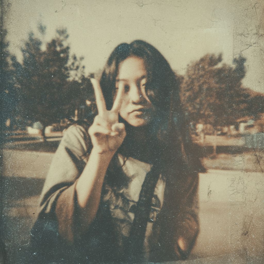 A vintage photo featuring an Asian girl making a peace sign with a campus background