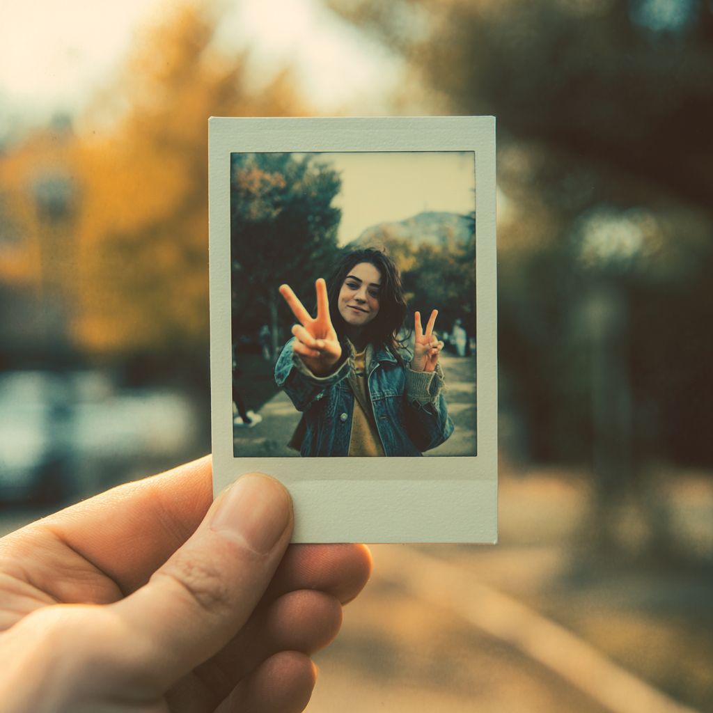 A blurry vintage photo of a girl making a peace sign on campus