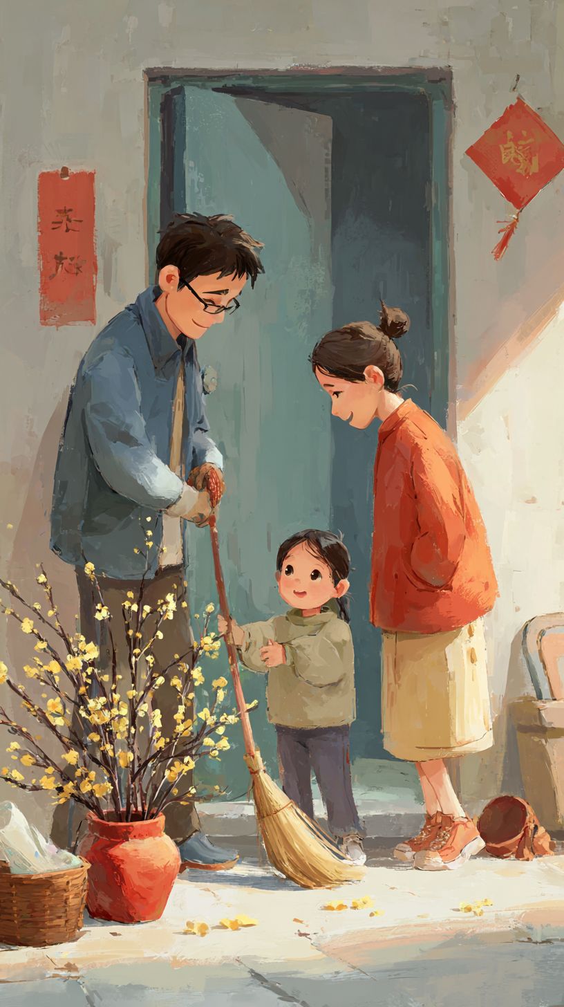 A family of three cheerfully cleaning their home for the Spring Festival