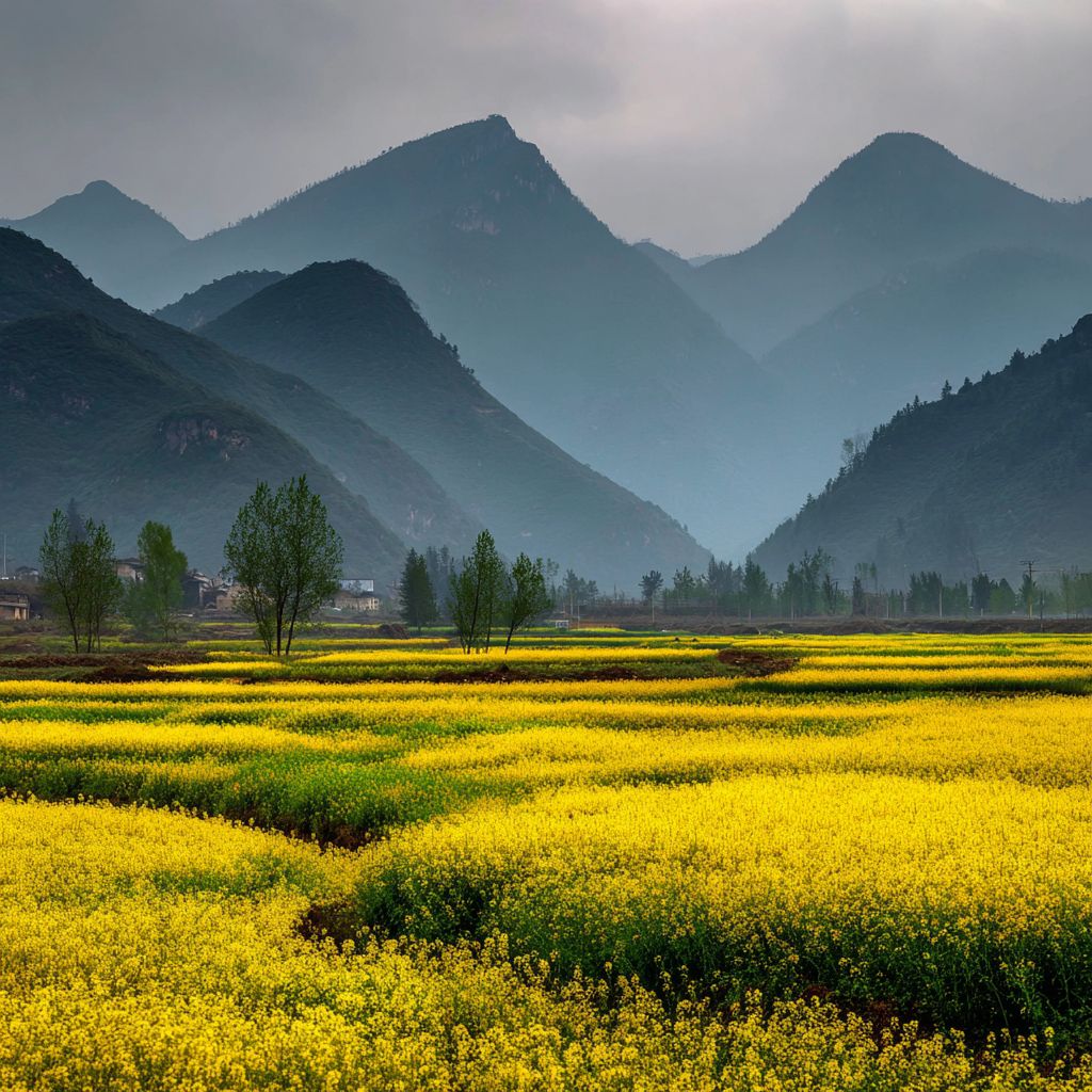 In rural China during spring, fields bloom with golden rapeseed flowers against misty mountains