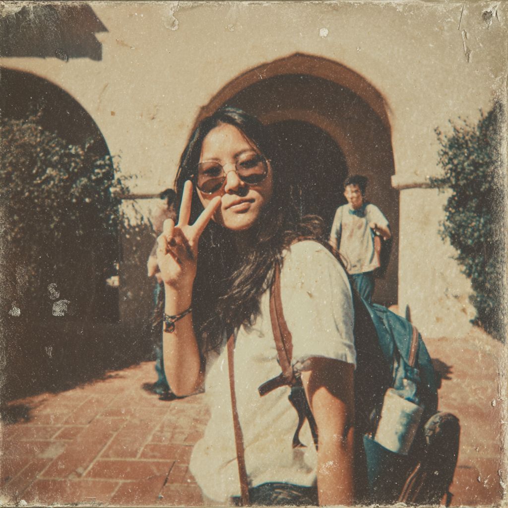 A vintage photo of an Asian girl making a peace sign against a campus background