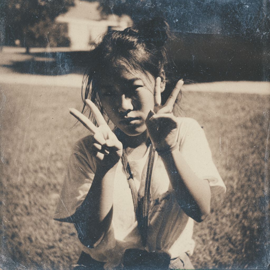 A vintage style photo of an Asian girl making a peace sign against a campus background