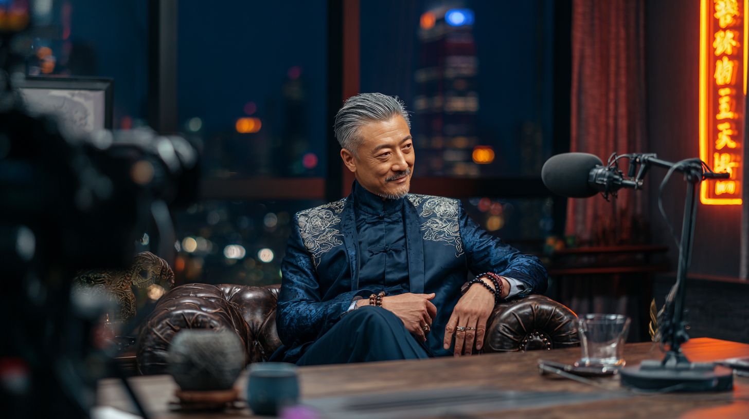 A middle-aged Asian male broadcaster exudes confidence in a high-end interview studio