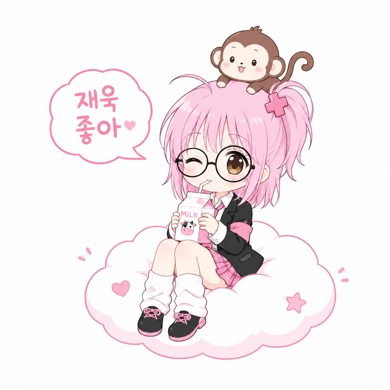 一幅粉白色插画描绘了《守护甜心》中阿拉蕾坐在云上喝牛奶，一只猴子在她头上