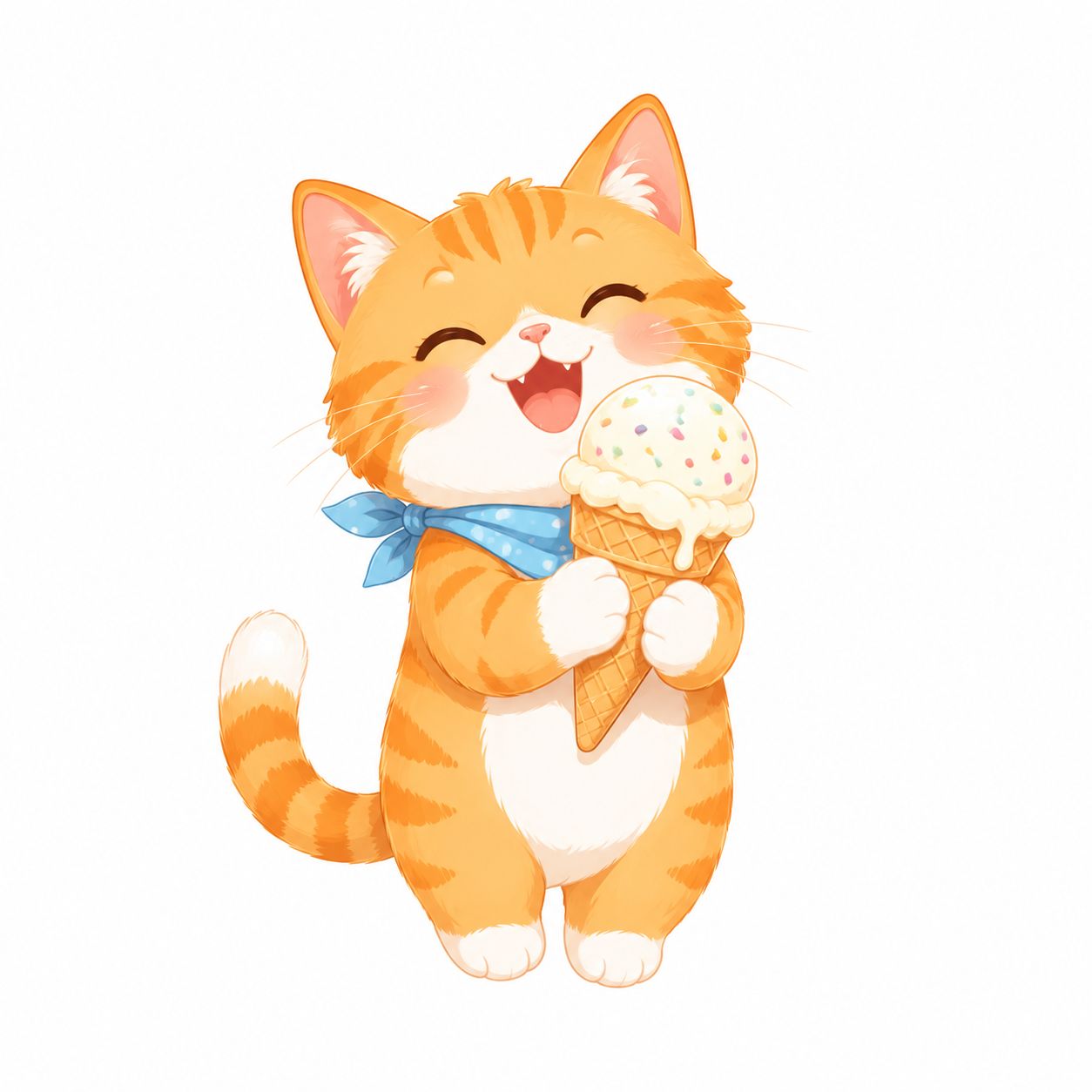 一只开心的橘猫抱着冰淇淋的图案适合印在T恤上