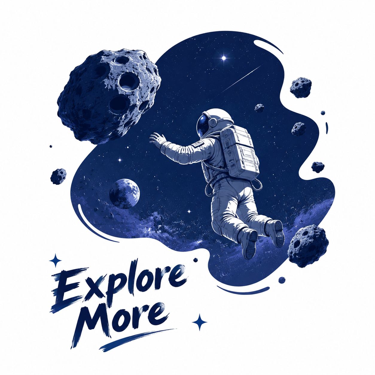 深蓝色星空中的宇航员与小行星