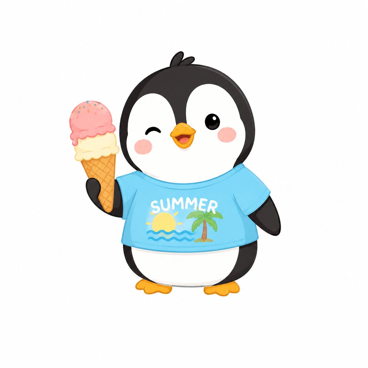 可爱企鹅拿冰淇淋的夏日T恤贴纸图案