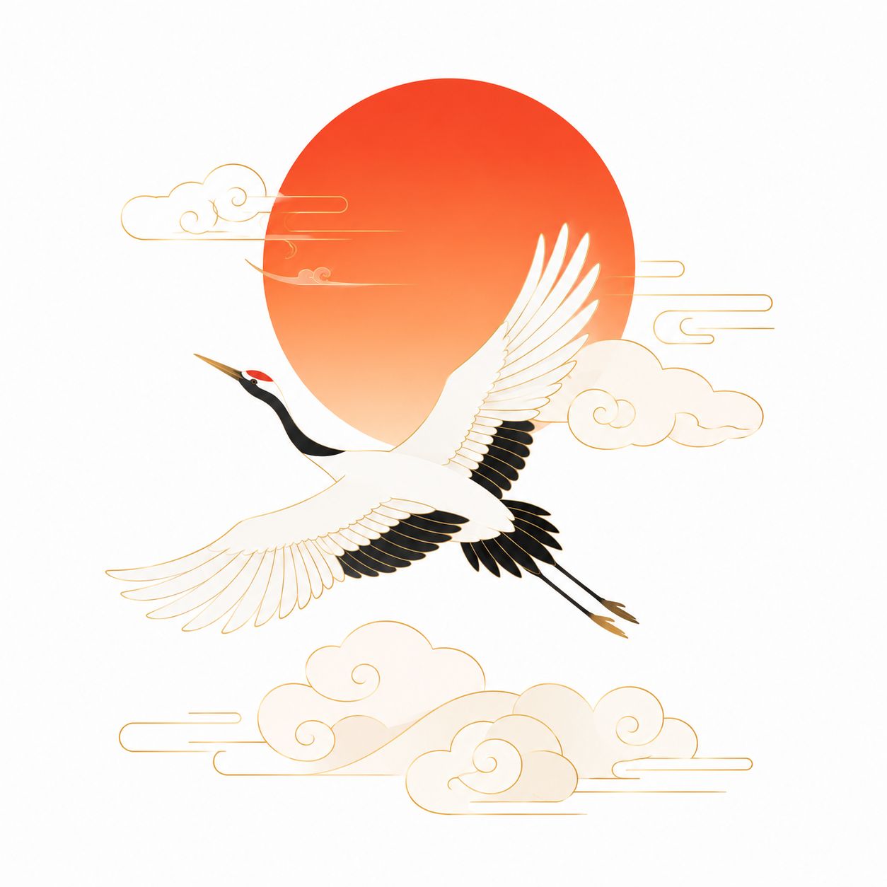 现代扁平插画展现中国风的仙鹤和云纹