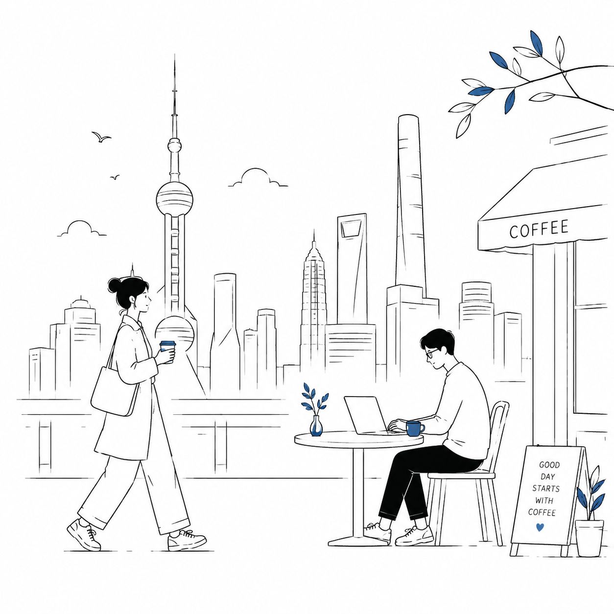 极简线稿风格的城市生活插画
