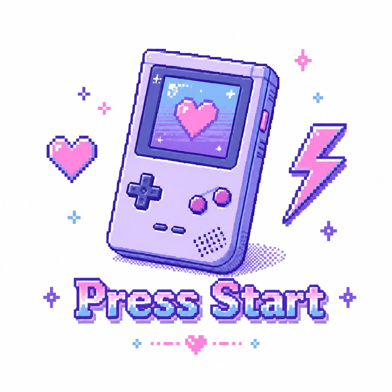复古游戏机、像素爱心与闪电，配文字Press Start，展现紫蓝粉Y2K风格