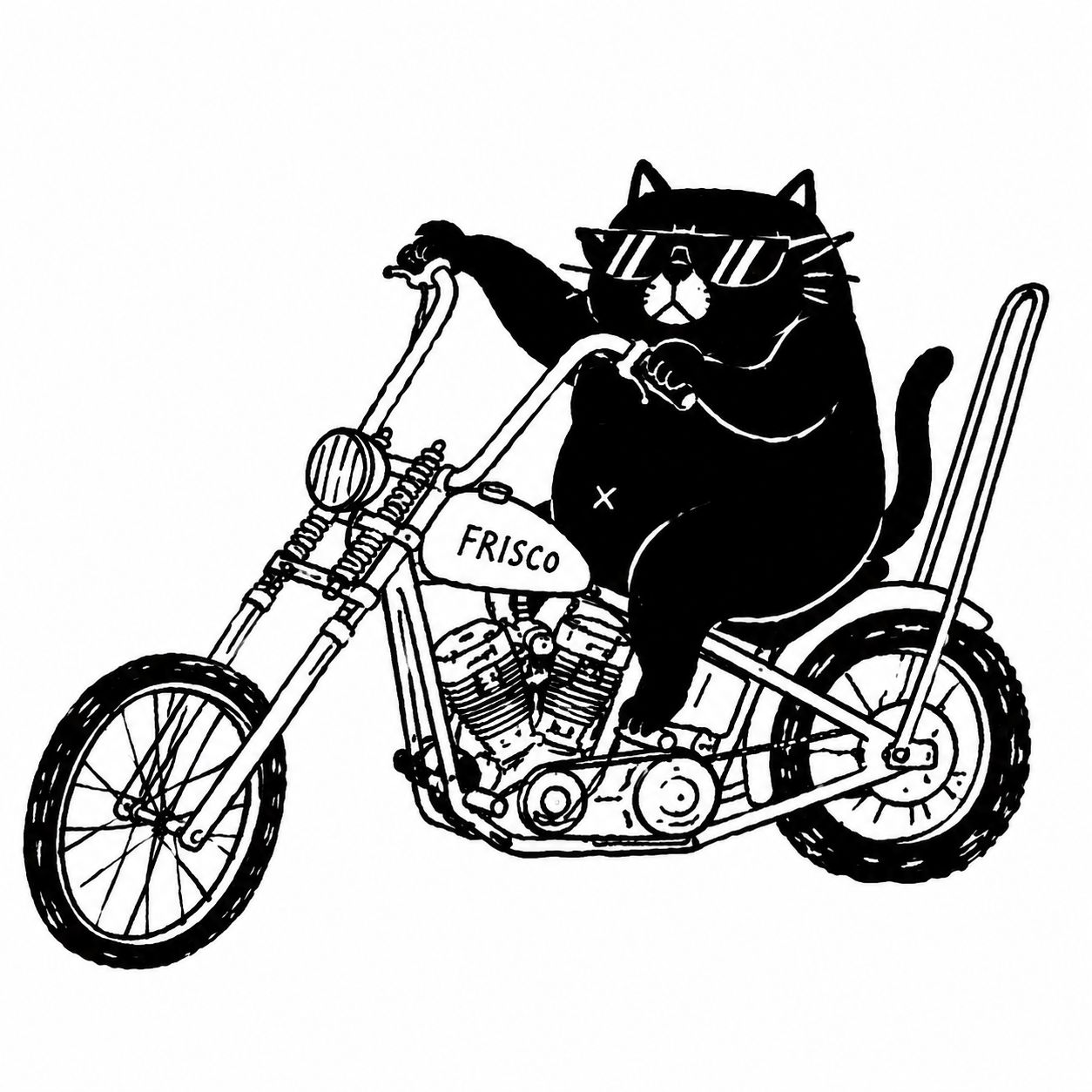 一只黑胖猫骑在摩托车上，穿着黑色太阳镜，形象搞笑
