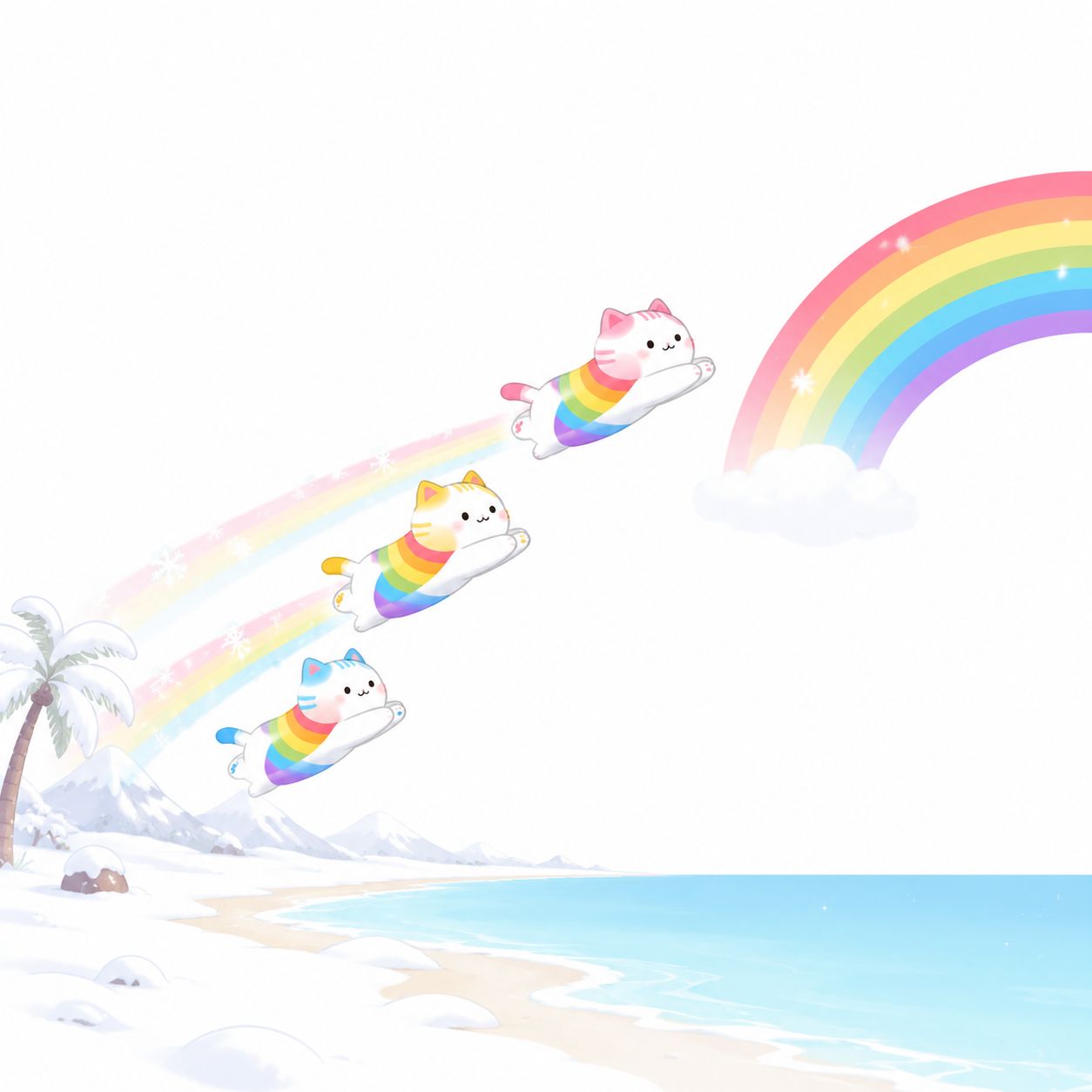 三只迷你彩虹猫在冬季的海滩上飞向彩虹