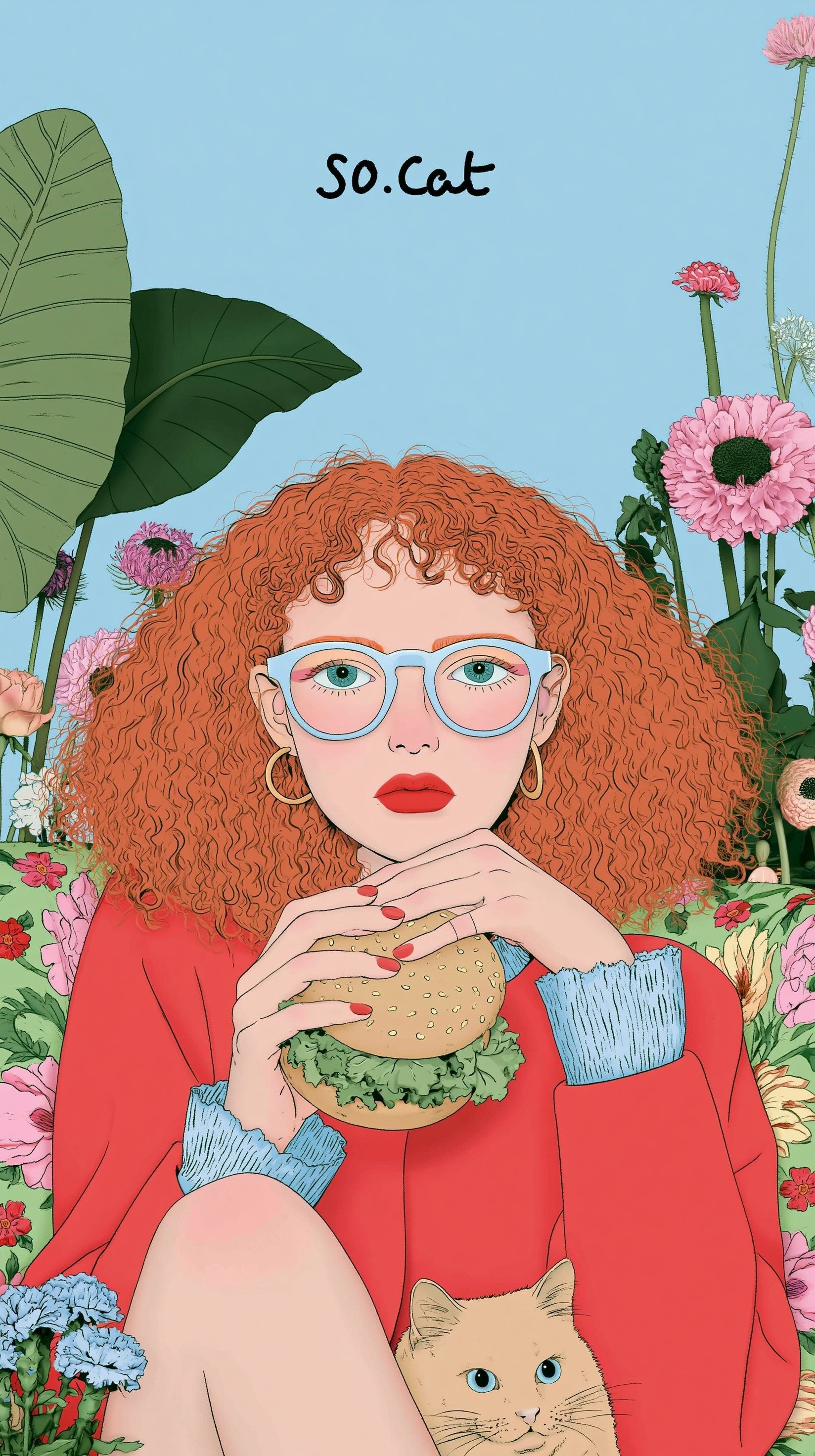 A hand-drawn illustration features a beautiful woman in a red outfit holding a burger with a strange garden in the background