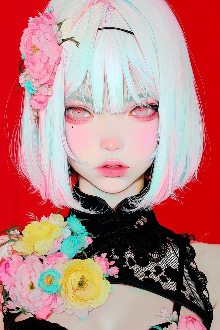 Este retrato exemplifica a ilustração digital contemporânea influenciada pelas estéticas J-pop e Harajuku