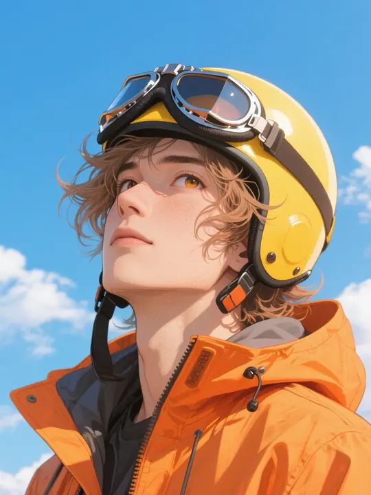 Un homme porte une veste orange et un casque de pilote jaune