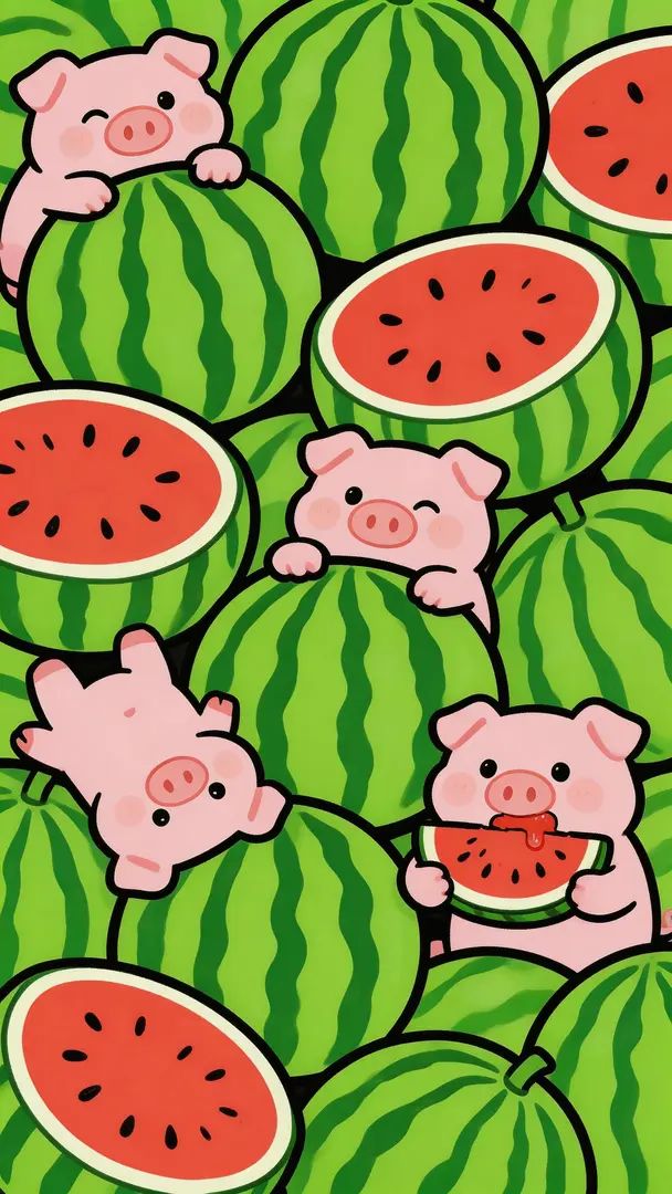 Einige Schweine spielen in einem Haufen Wassermelonen