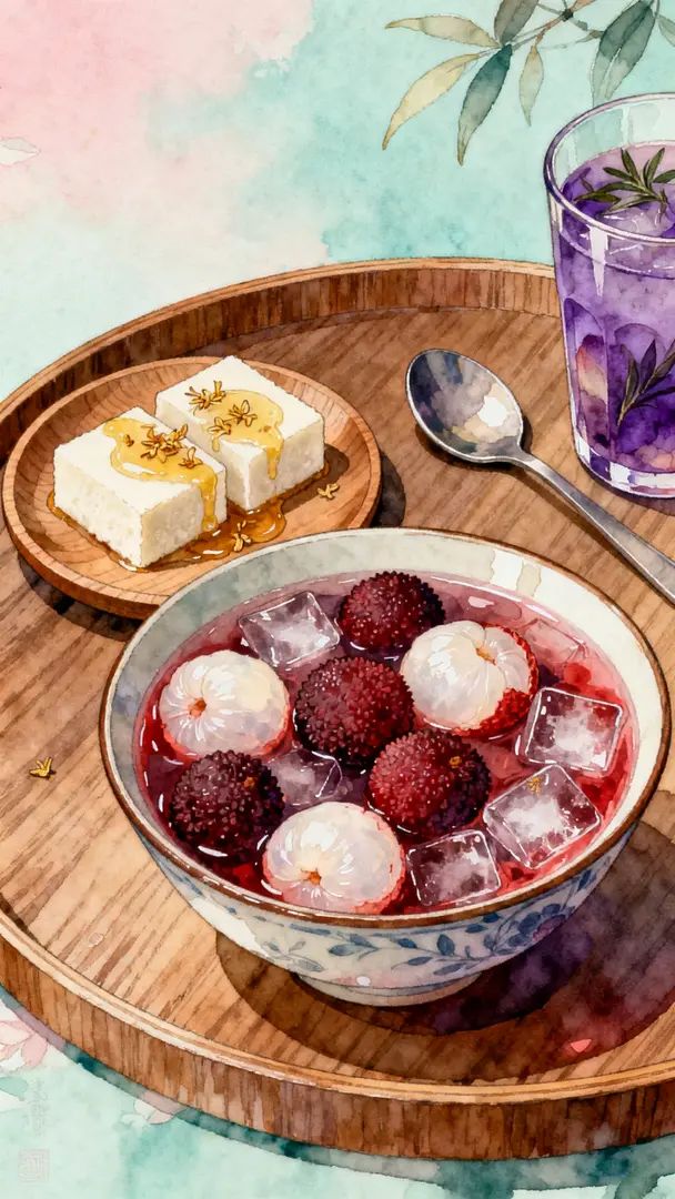 A refreshing summer dessert scene featuring chilled bayberry lychee drink and osmanthus cake