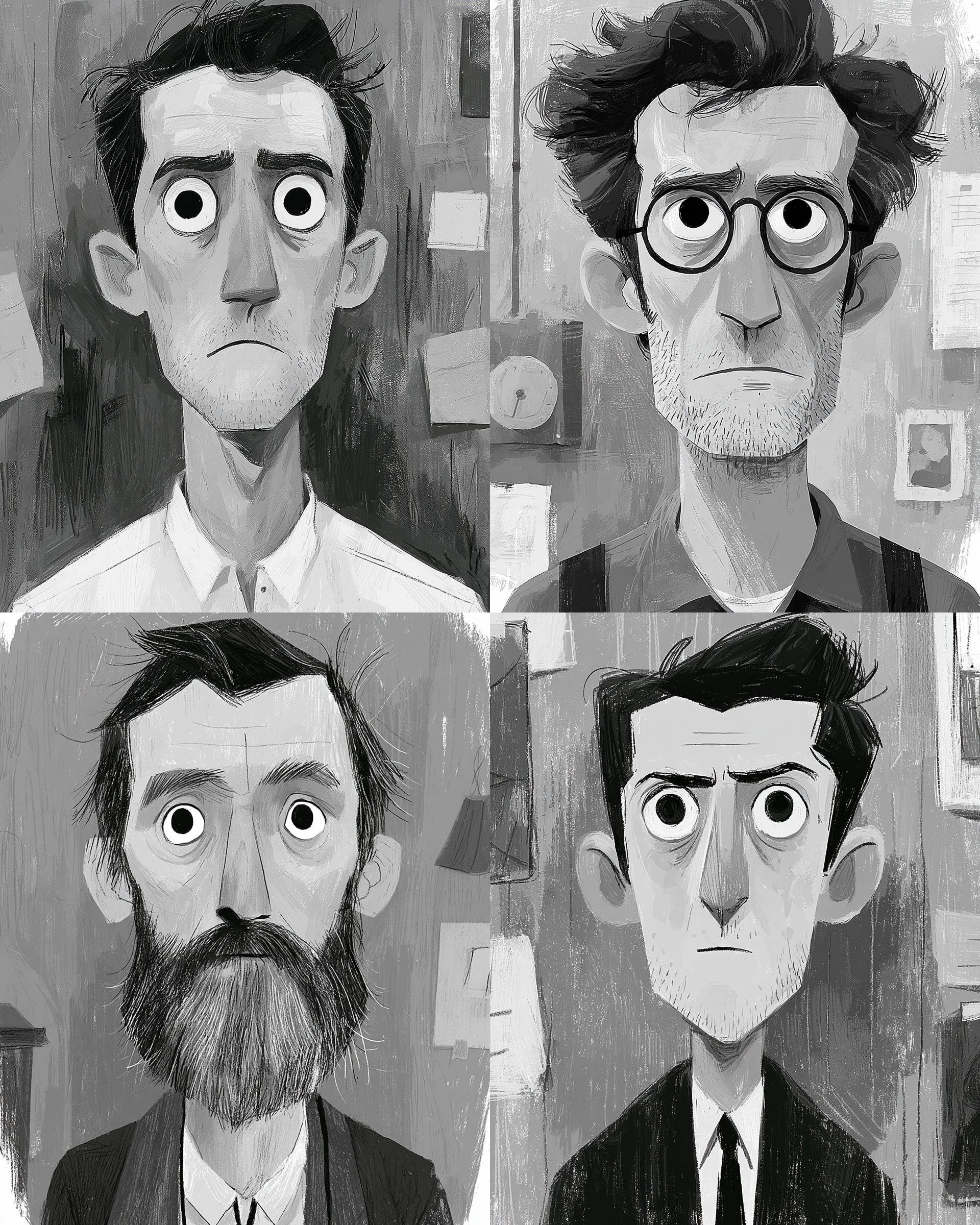 Expressive grayscale character portraits in a graphic novel illustration style
