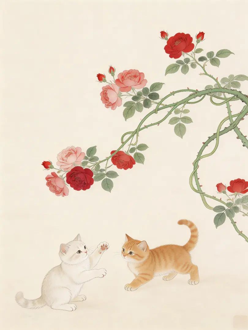 工笔画表现了蜿蜒的绿枝和嬉戏的小猫