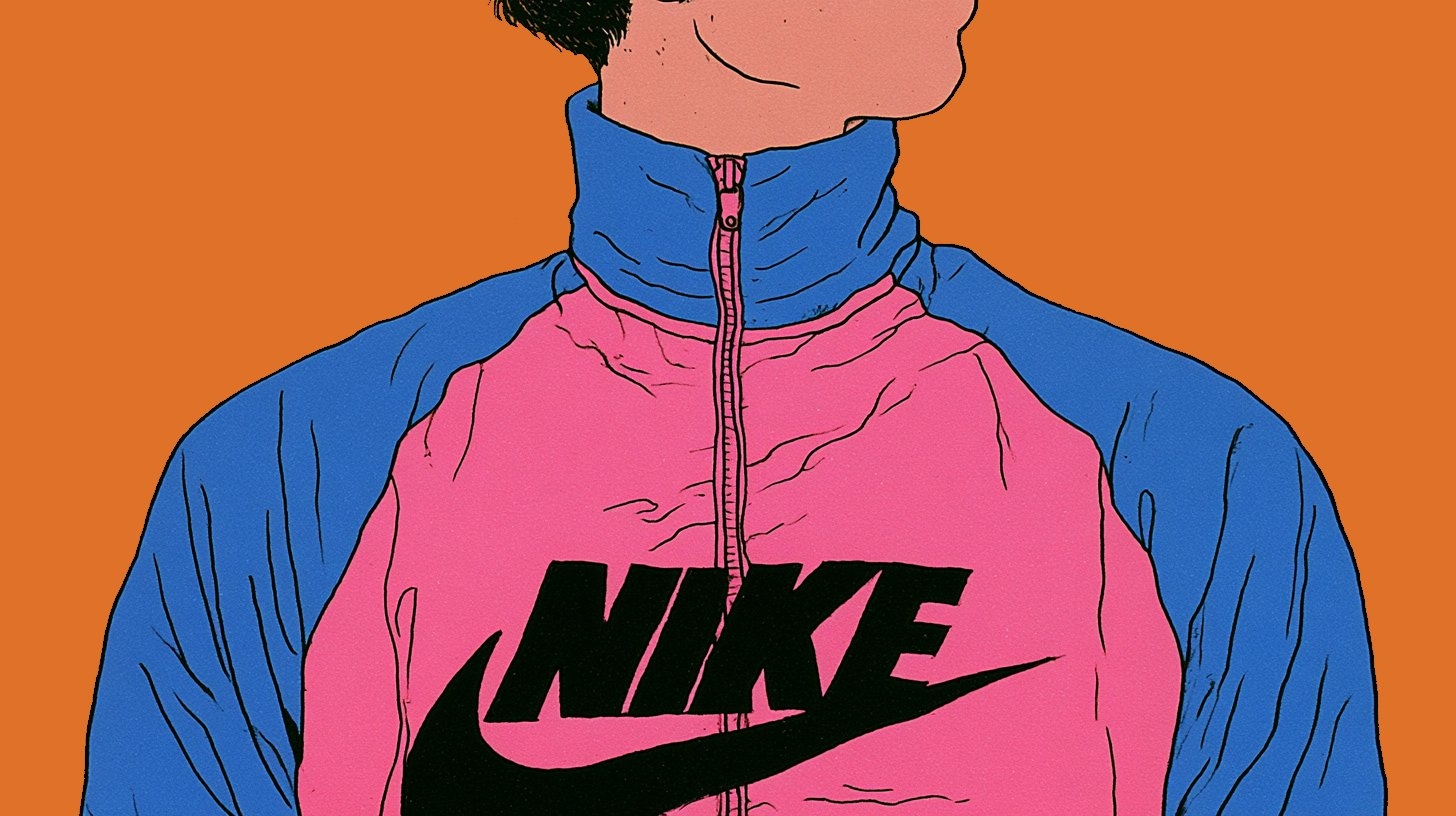 这幅插图以大胆的平面风格呈现1980年代运动服广告的视觉特色