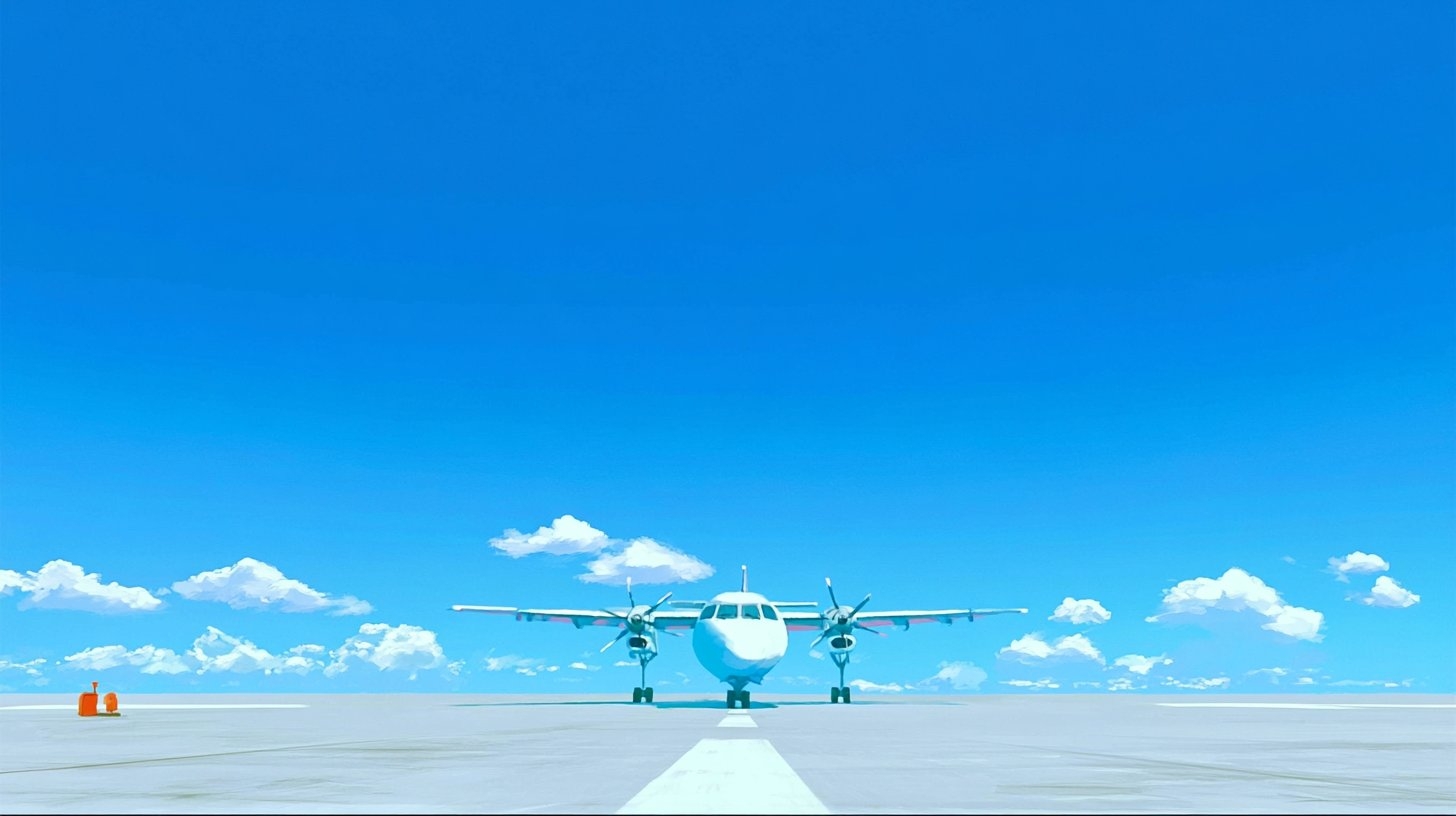 A twin-prop plane facing you under a blue sky