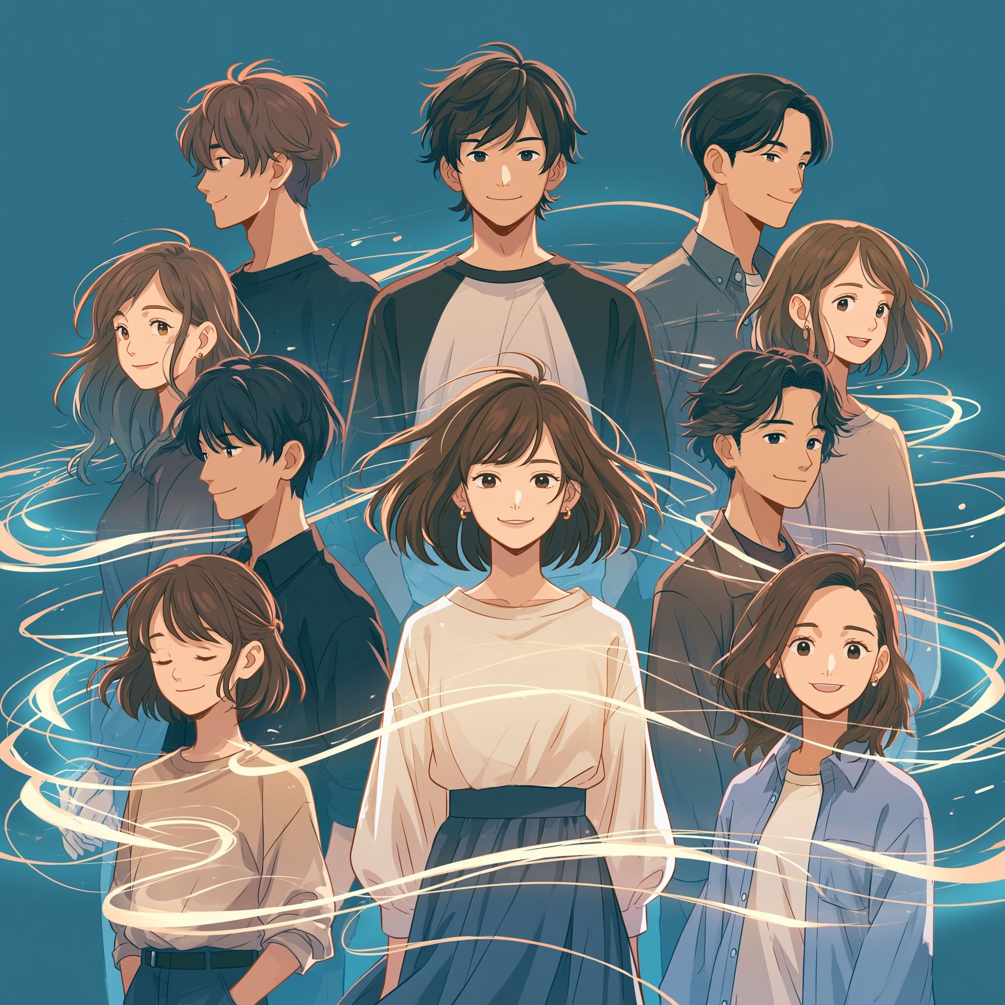 Nine contemporary Japanese adults in their 20s and 30s wear modern casual clothing, expressing emotional harmony and kindness