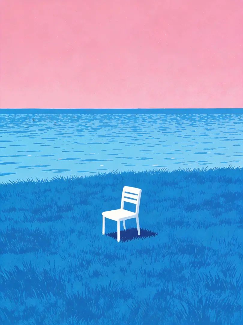 Illustration eines weißen Stuhls auf grünem Rasen unter rosa Himmel