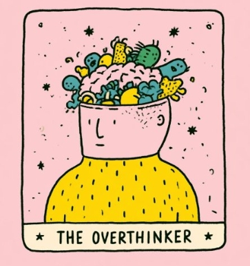 A quirky hand-drawn illustration features a pink-skinned figure whose head opens to reveal cute creatures in a pastel void