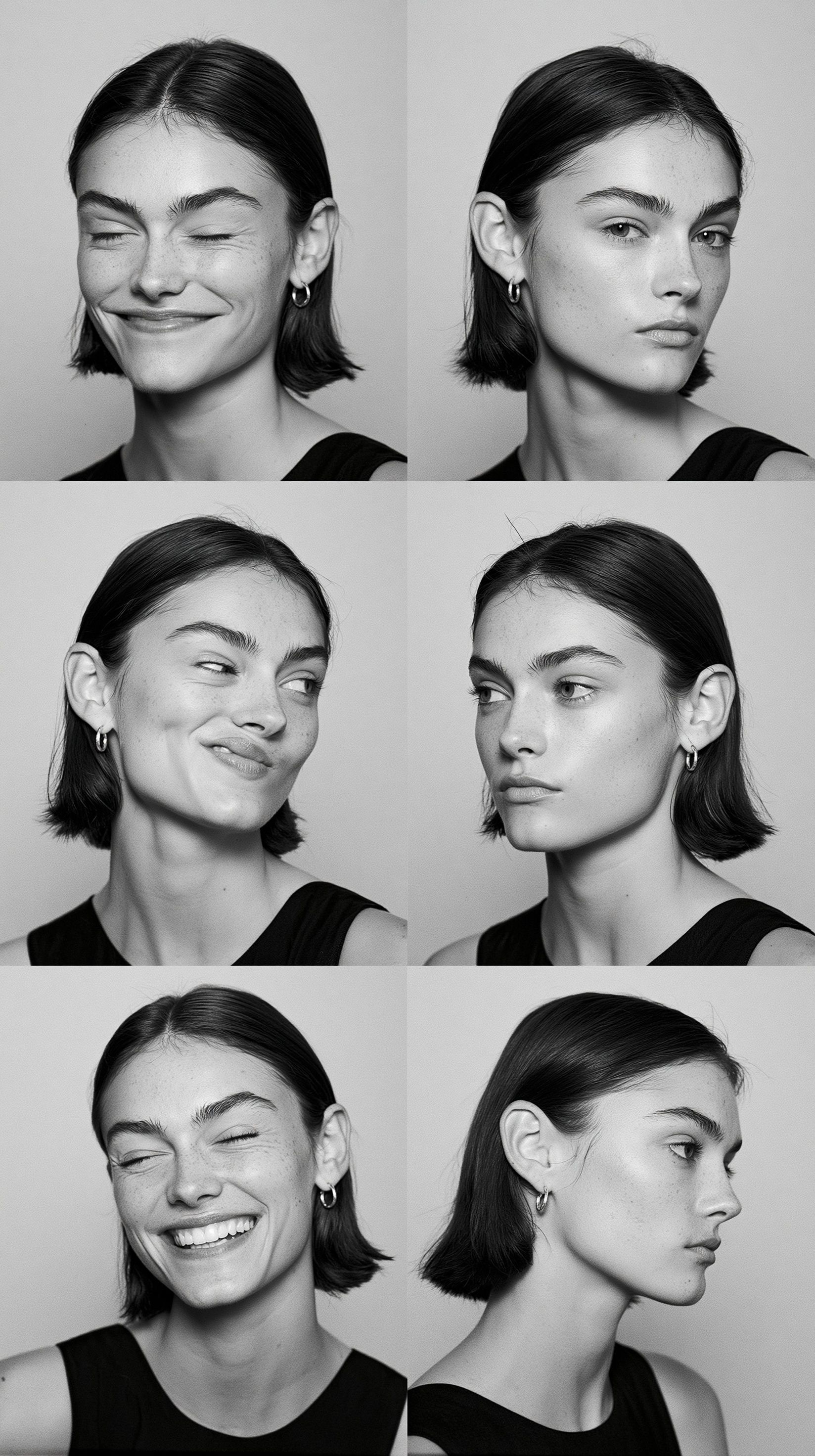 A black-and-white minimalist studio portrait of a young woman showcasing different expressions