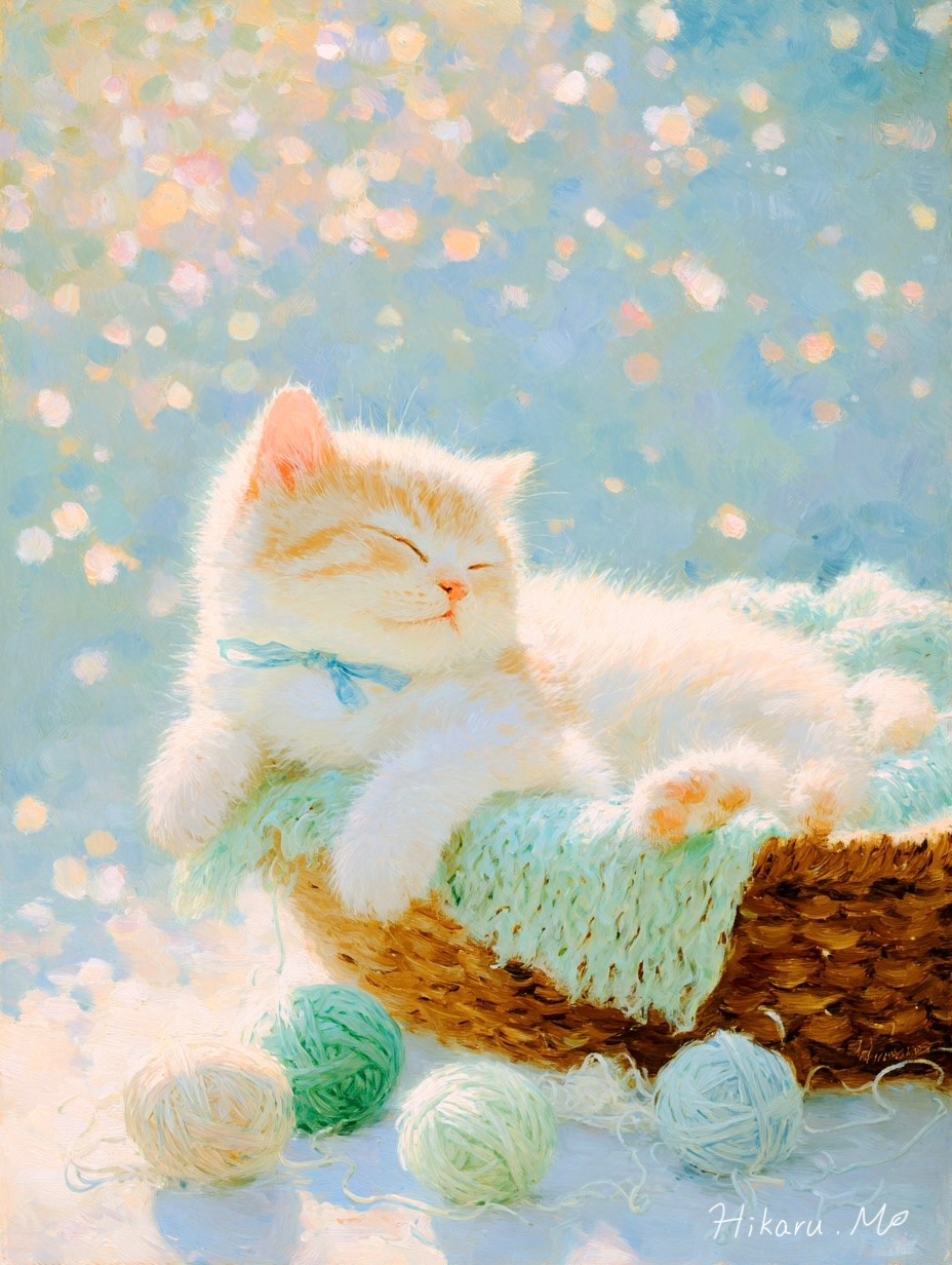 这幅印象派油画描绘了一个在编织篮子里的睡觉小猫，使用柔和的色调呈现宁静的氛围
