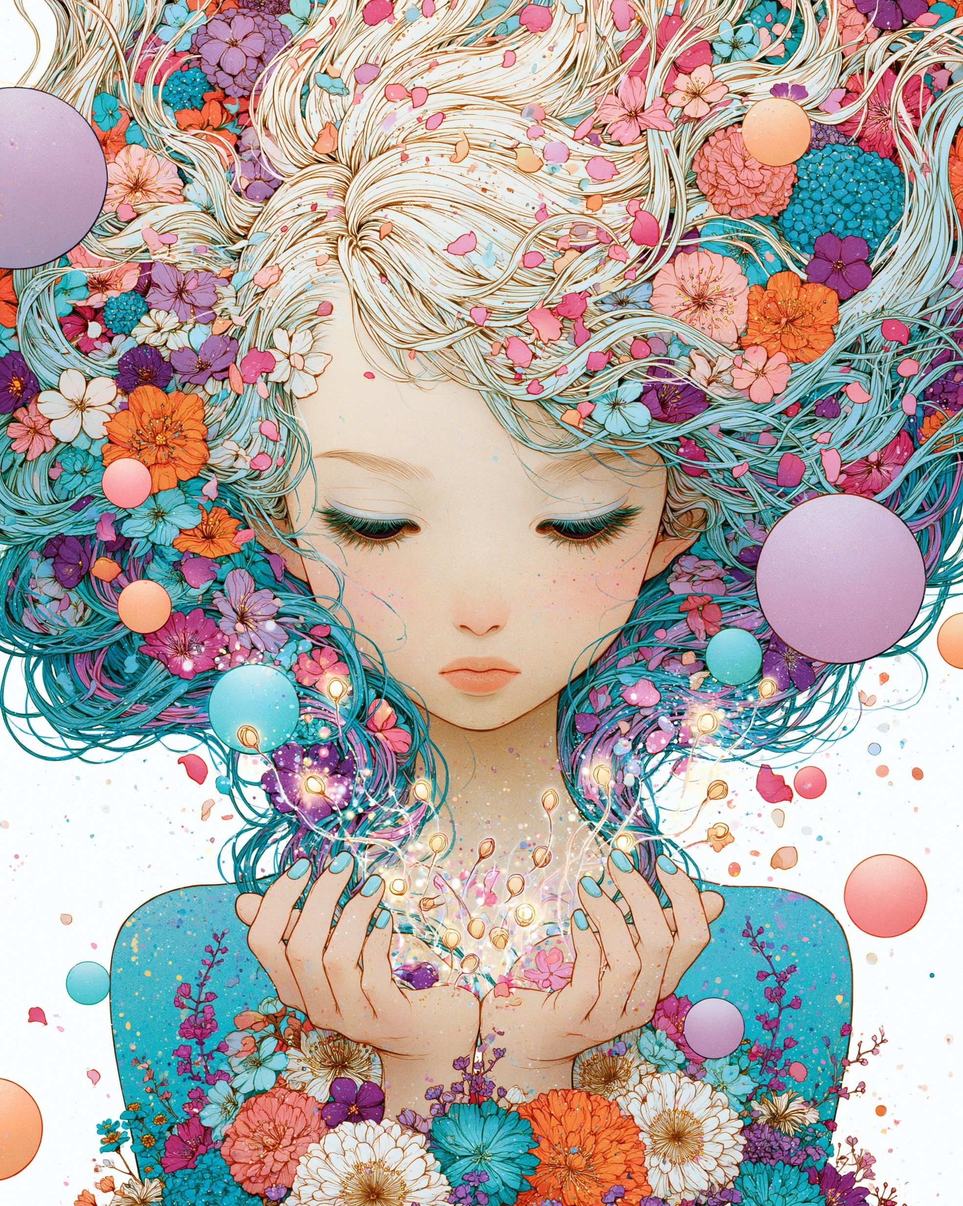 Une jeune femme tient doucement des graines musicales brillantes entourées de fleurs en pleine floraison et de sphères pastel flottantes