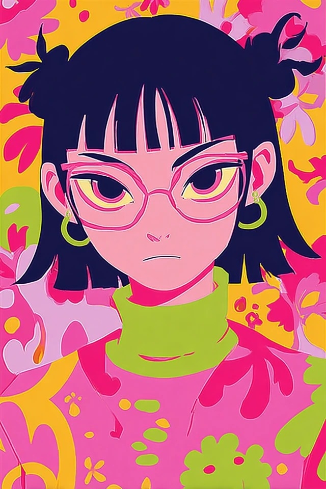 The illustration features saturated hot pink and acid green against a golden yellow background, suitable for fashion editorial and youth culture branding