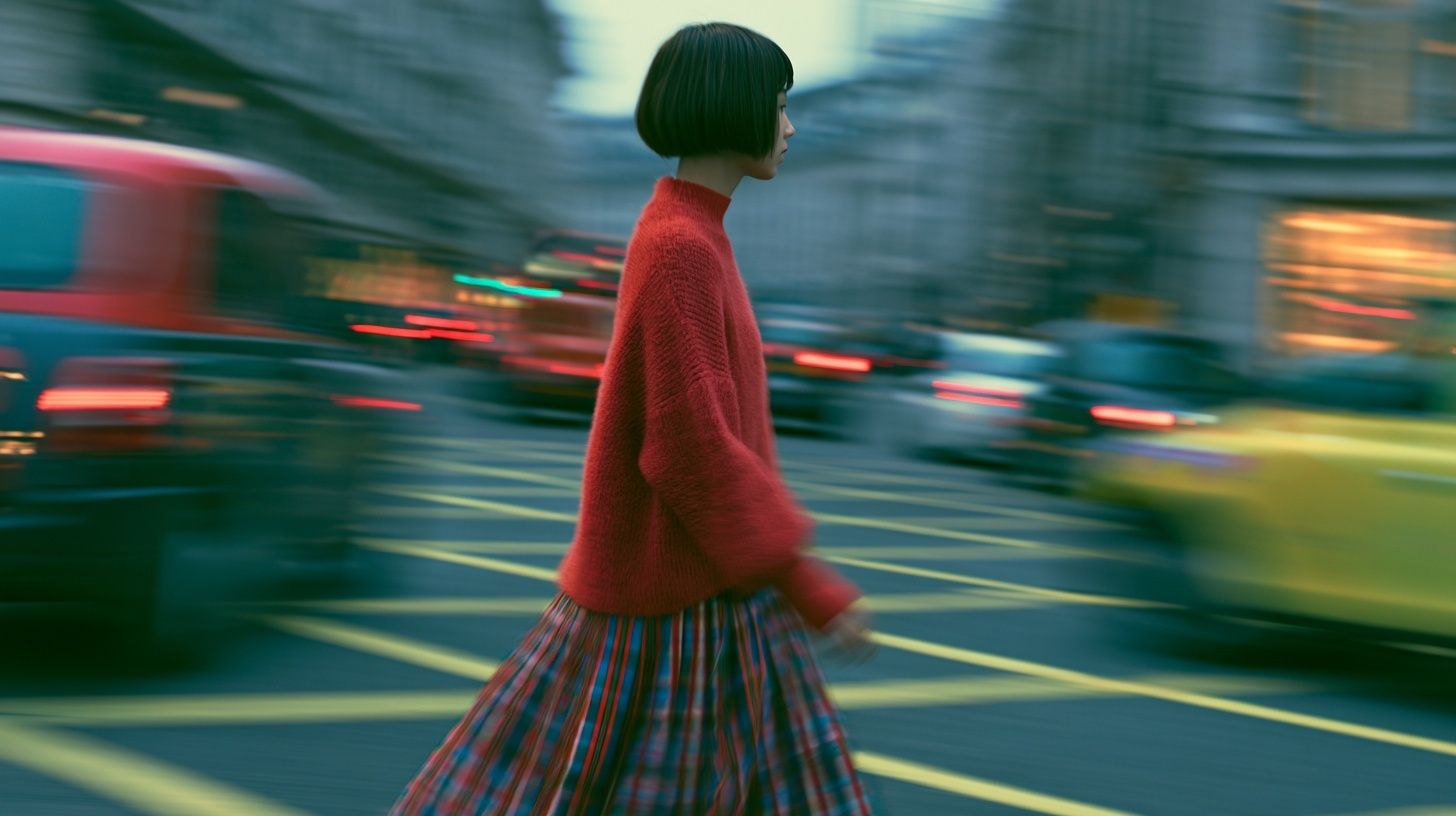 Uma linda garota japonesa está cruzando a rua elegantemente em Londres