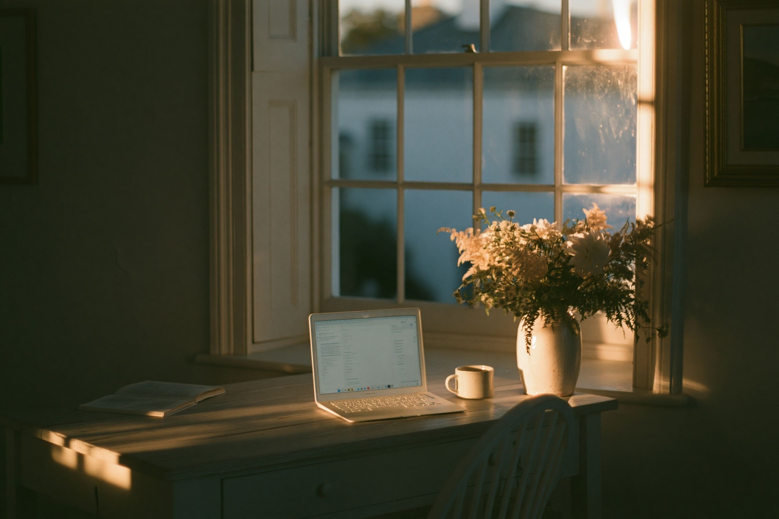 La douce lumière du matin crée un moment de contemplation sur un bureau de bureau bien rangé avant le début de la journée