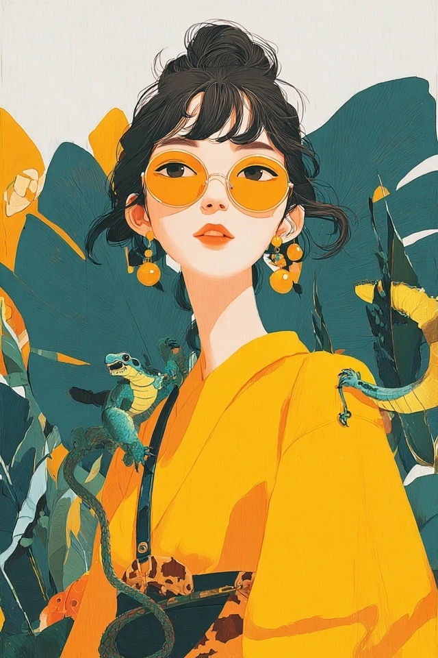 Wagemutige flache Illustration, die Retro und Modernes vereint, geeignet für Modeeditorials und tropische Resortkampagnen