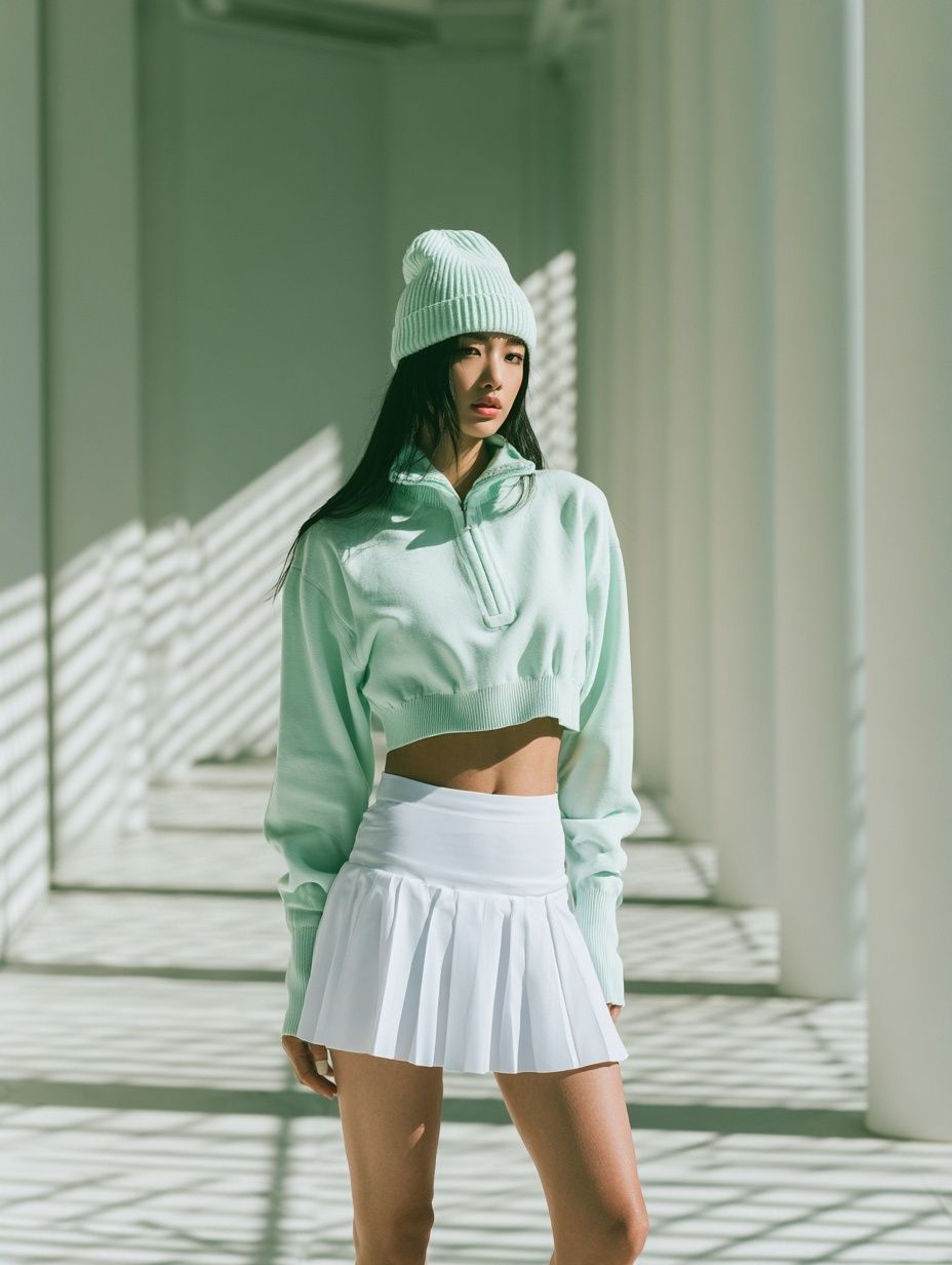 Una modelo femenina coreana lleva un suéter de punto con cremallera en menta, una falda blanca con pliegues y un gorro de menta en un corredor columnado iluminado por el sol
