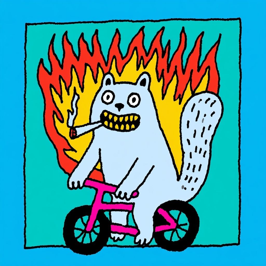 Cartoon-Eichhörnchen raucht auf einem Fahrrad