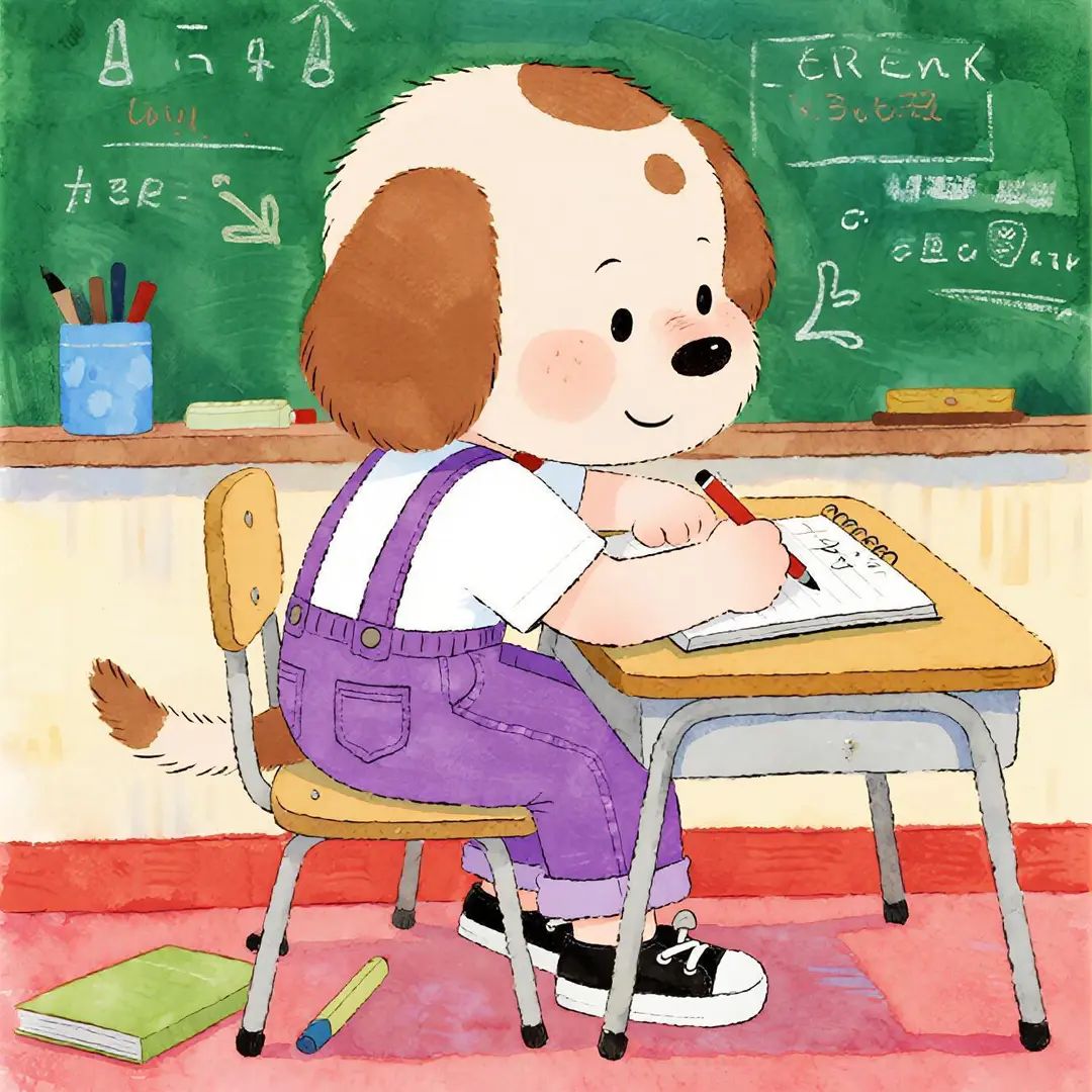 Depicts a cute 3-year-old puppy wearing purple jeans and a white T-shirt practicing writing in a classroom