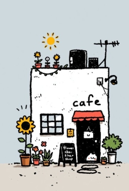 Una pequeña ilustración de un café rodeado de girasoles y plantas