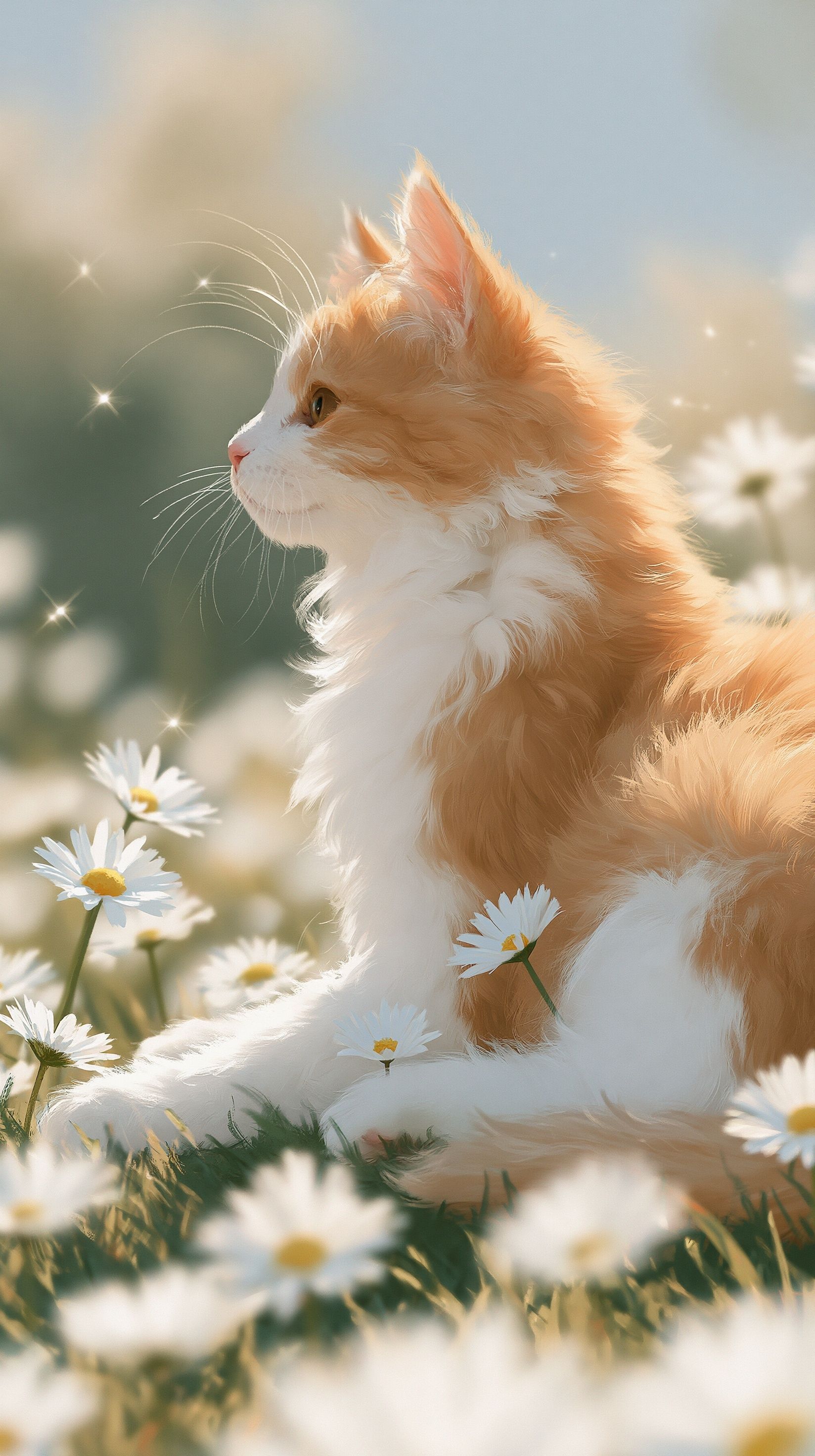 A tiny orange-and-white kitten resting in a flower meadow