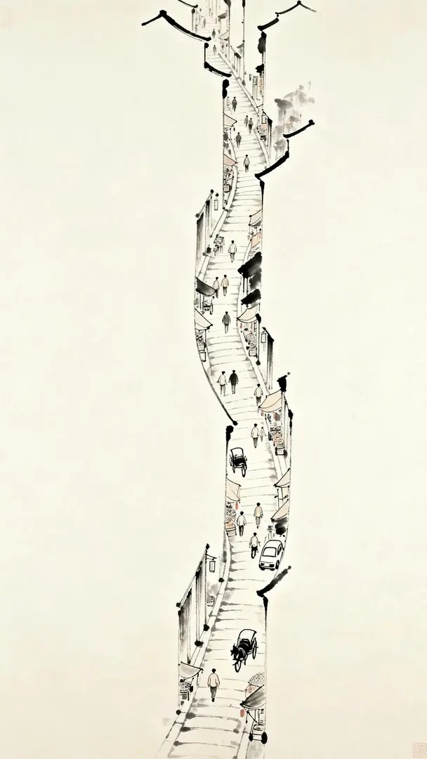 The intricately detailed ink painting features a winding street as the main subject
