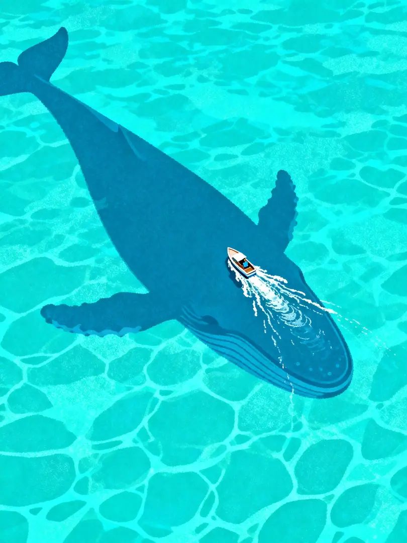 Uma ilustração de um oceano azul-esverdeado claro com uma baleia e um pequeno barco