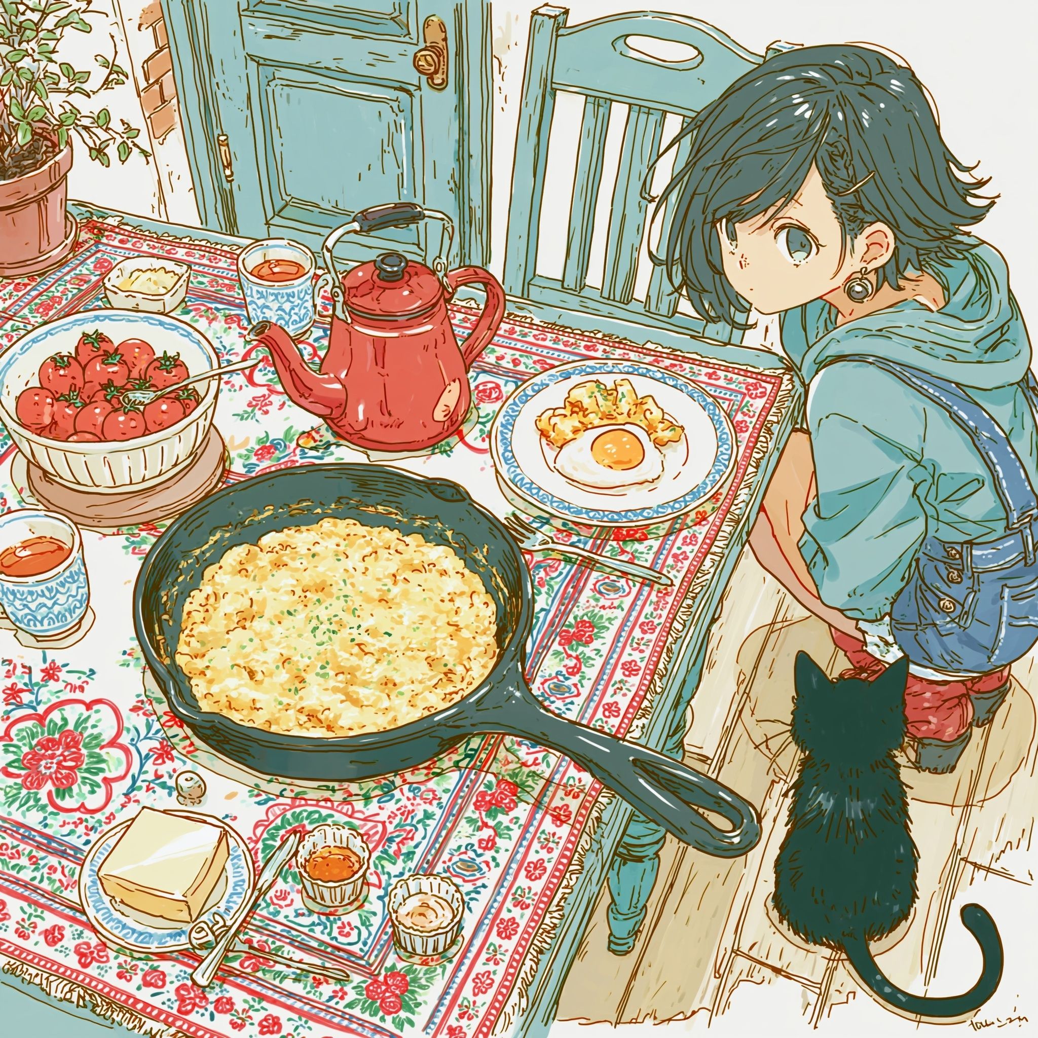 女の子と猫がテーブルの横でスクランブルエッグを見ている