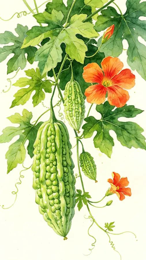 Watercolor style showcases the vibrancy of green and orange bitter gourd