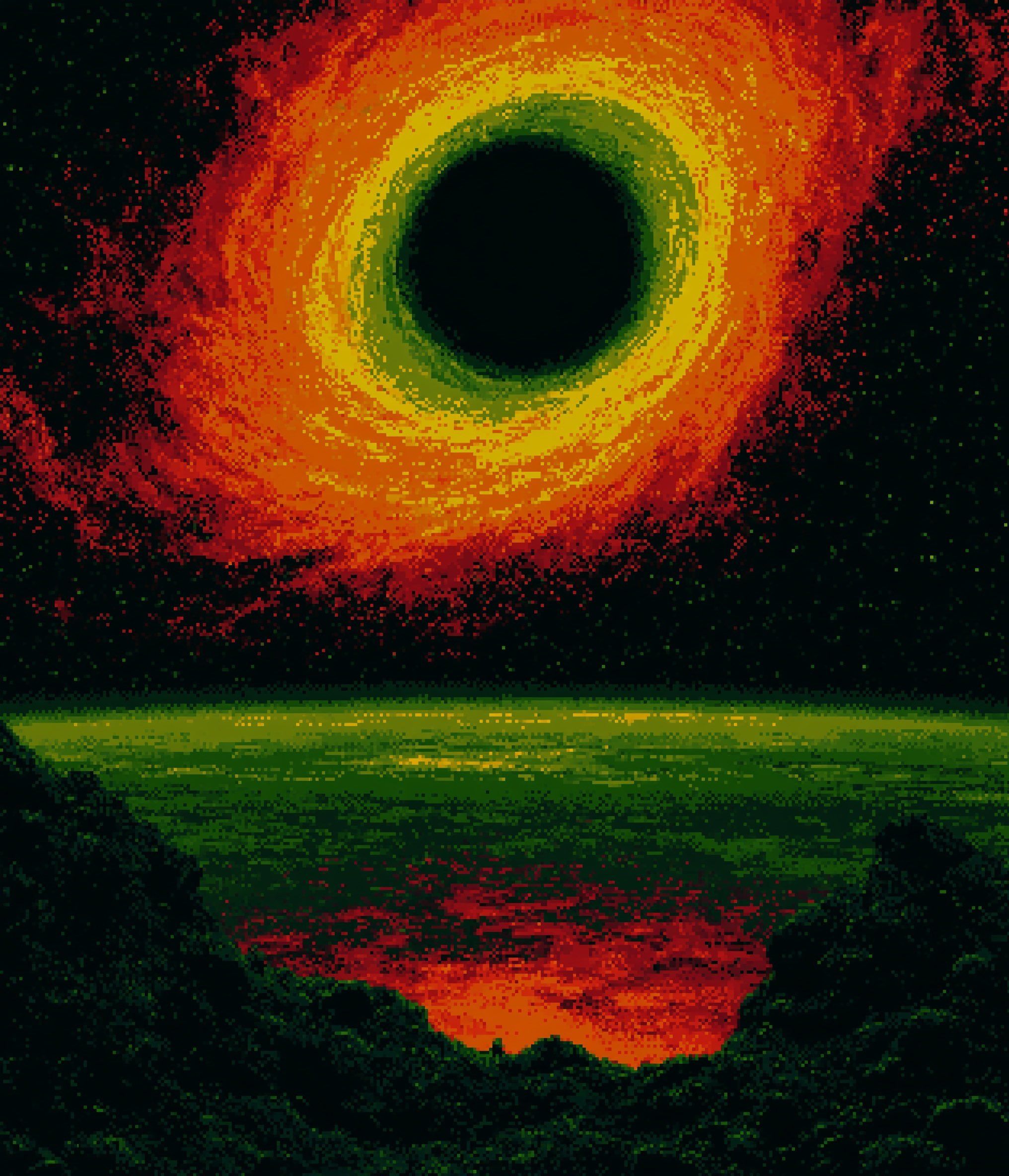 像素艺术作品描绘了静水中的宇宙日食