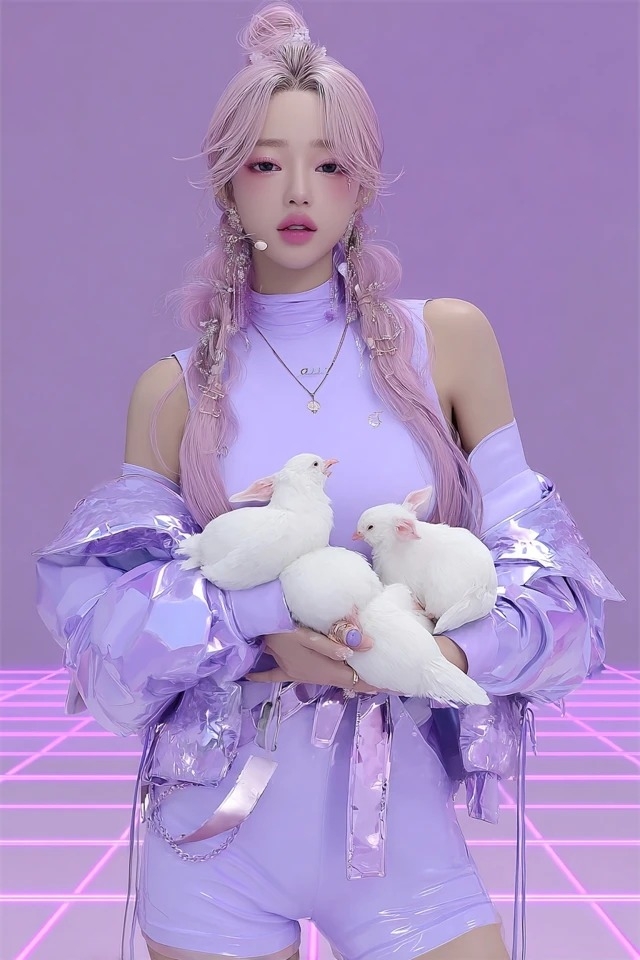 Pastel purple monochromatic palette with glossy vinyl textures suited for K-pop album covers