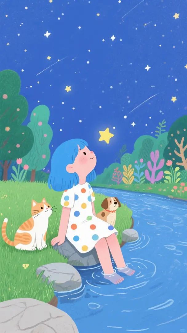 A little girl is sitting by the river looking at the stars, surrounded by animals and strange plants