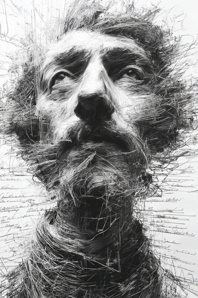 Chaotic graphite scribbles suitable for literary portraits and artistic exhibition posters