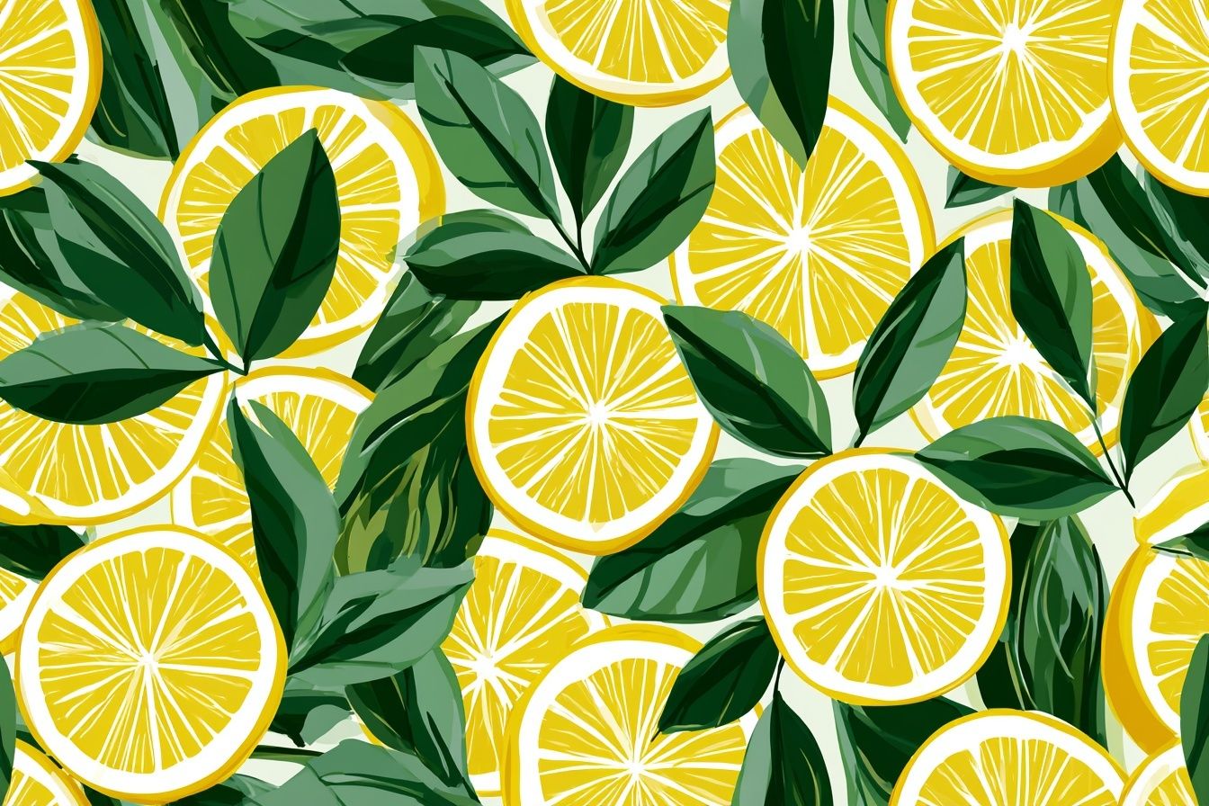 Seamless repeating pattern of overlapping lemon slices and green citrus leaves